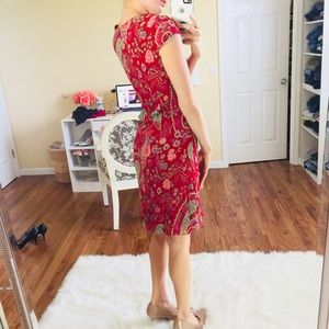 Red Paisley Floral Capped Sleeve Flowy Midi Dress